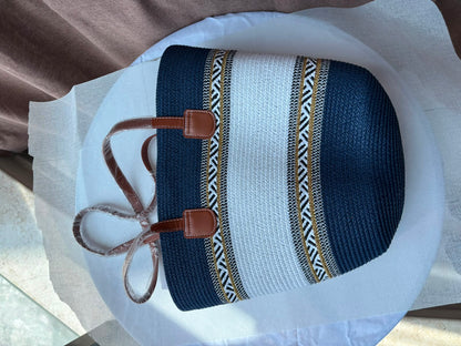 Sahara woven tote in navy and cream