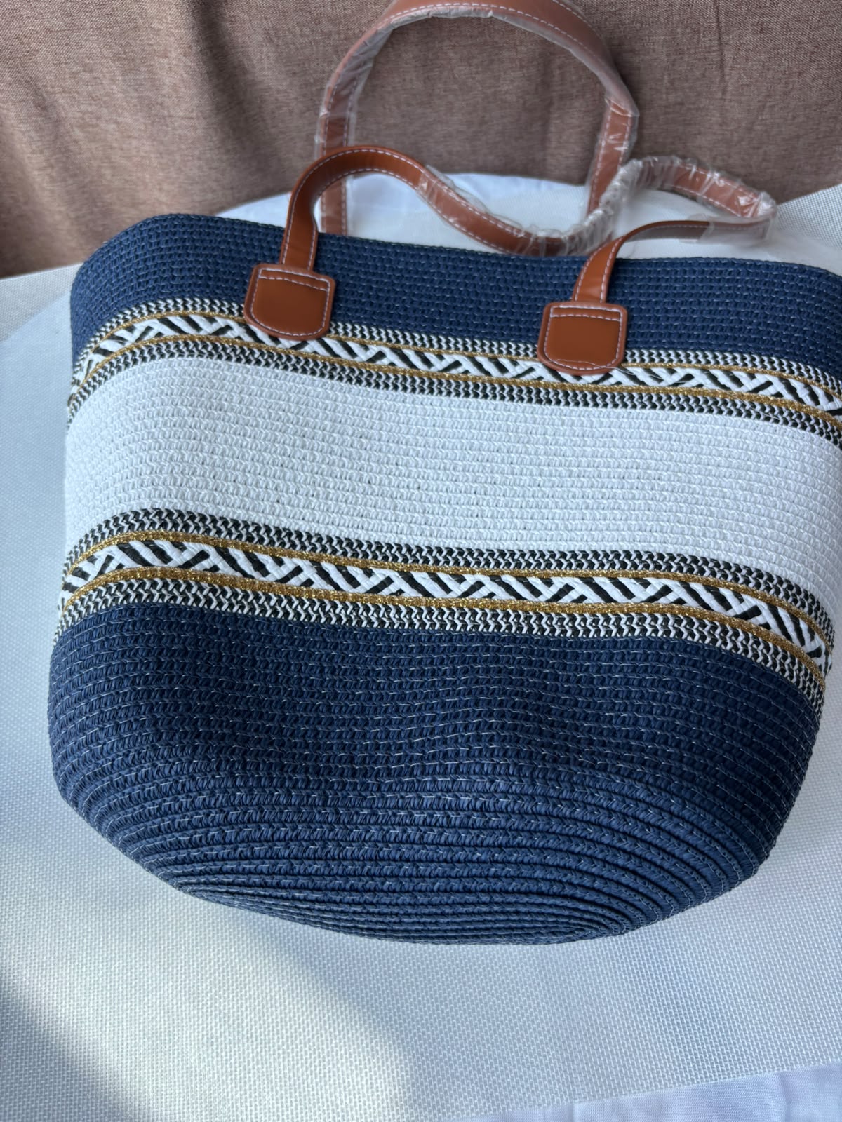 Navy Sahara woven tote close view