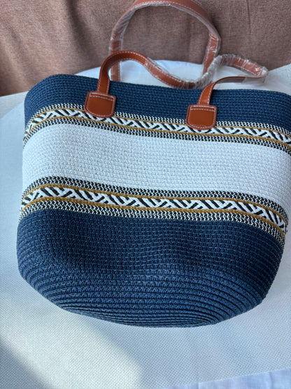 Navy Sahara woven tote close view