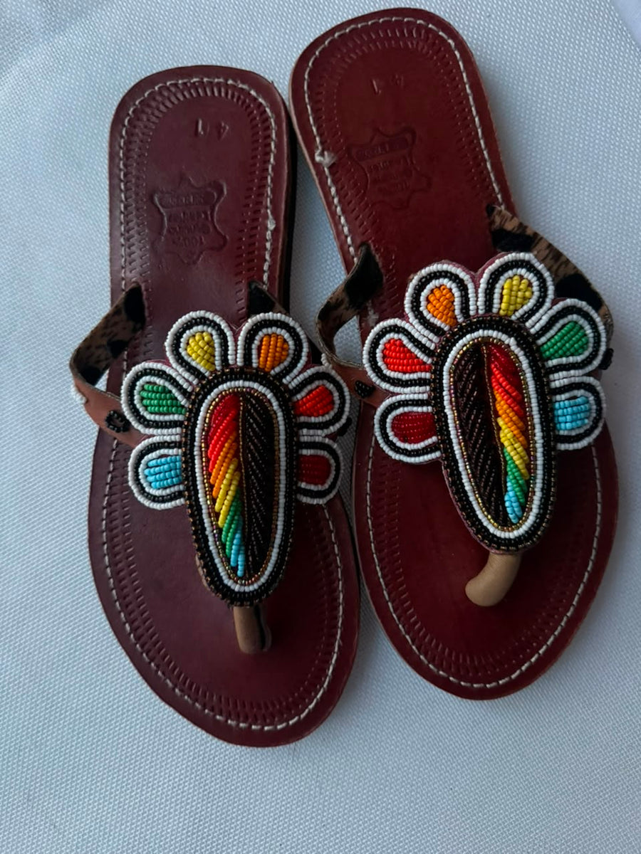 Rainbow Feather Beaded Leather Sandals — EU 41