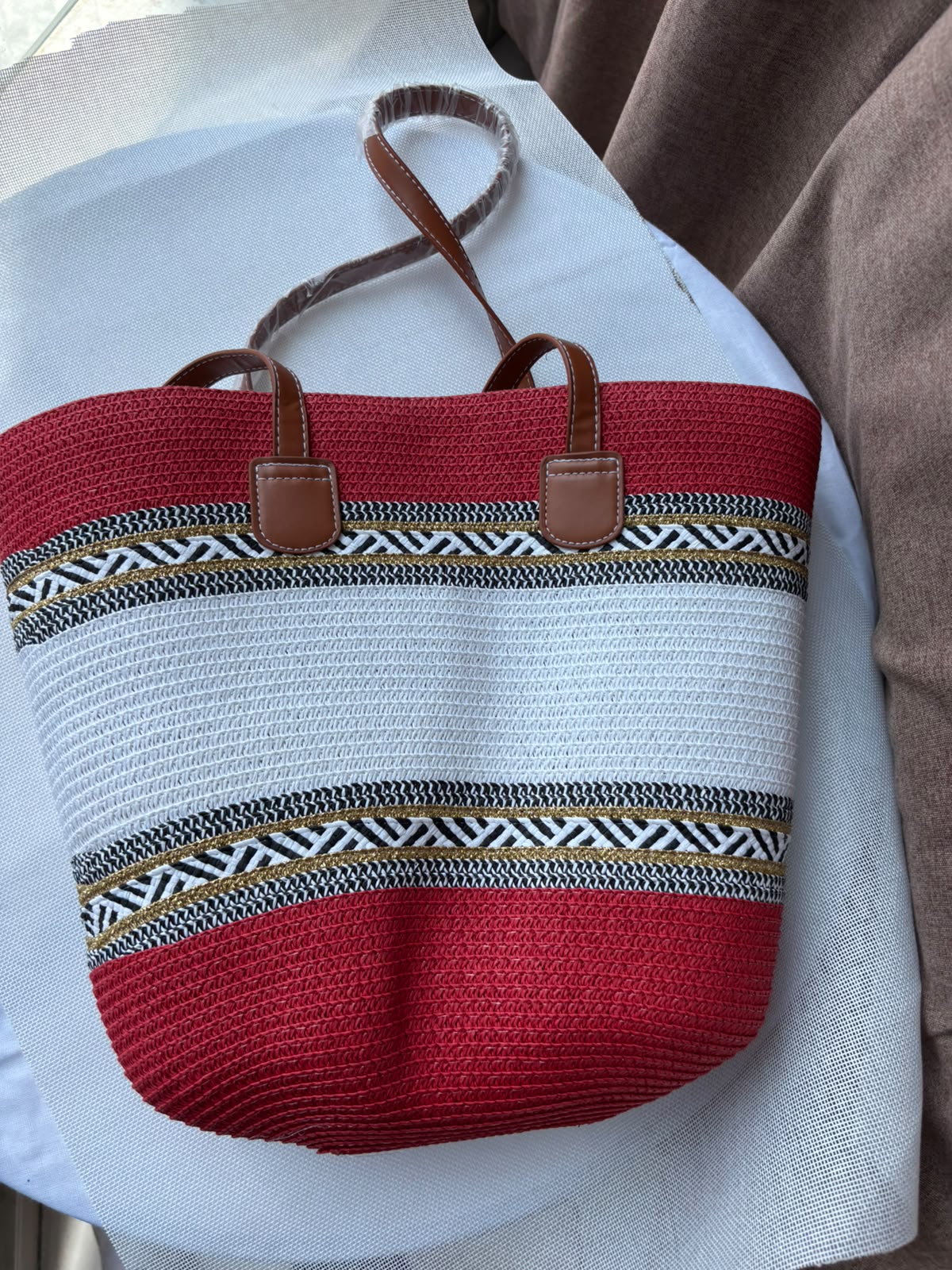 Sahara woven tote in red and cream