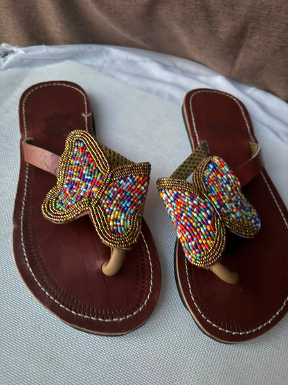 Kipepeo Butterfly Beaded Leather Sandals — EU 41