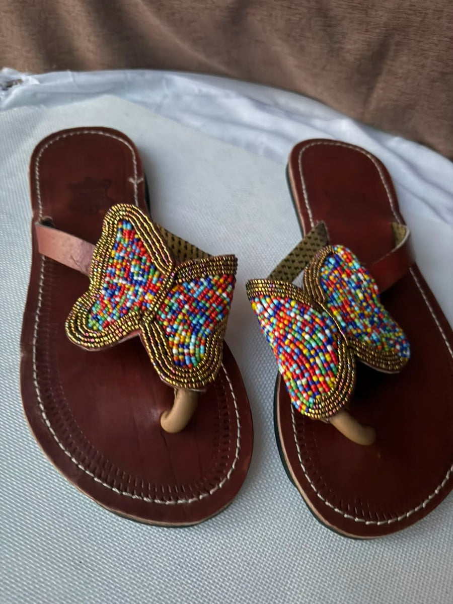 Kipepeo Butterfly Beaded Leather Sandals — EU 41