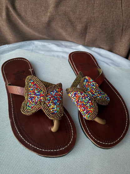 Kipepeo Butterfly Beaded Leather Sandals — EU 41