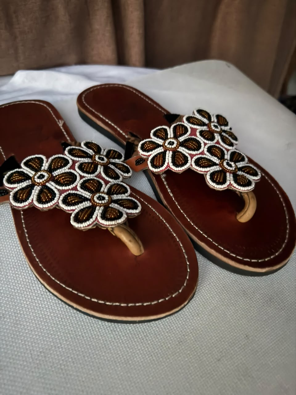 Nuru Ivory Floral Beaded Leather Sandals — EU 40