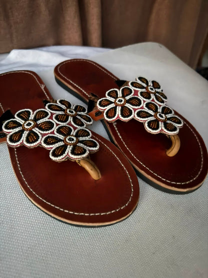 Nuru Ivory Floral Beaded Leather Sandals — EU 40
