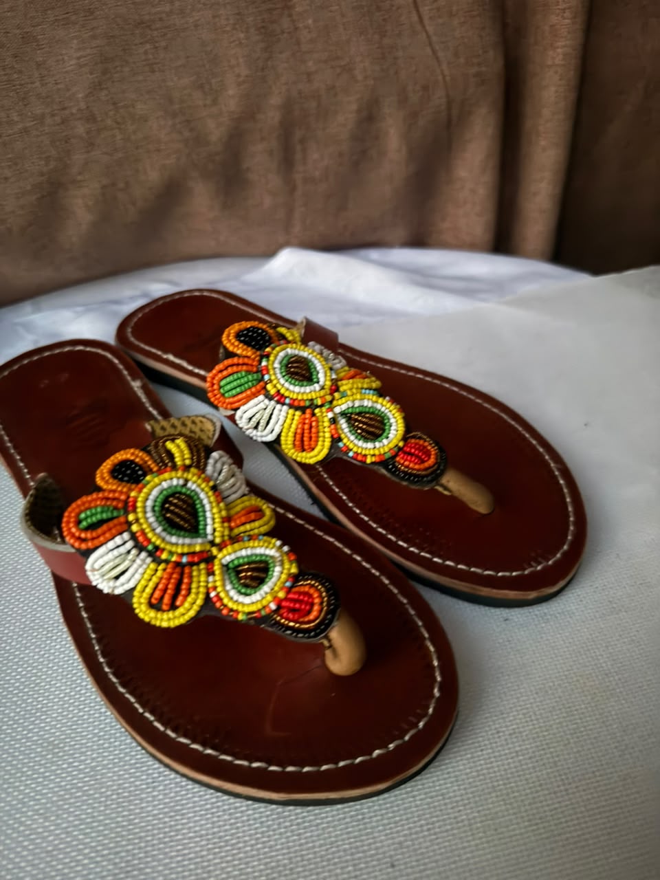 Marigold Floral Beaded Leather Sandals — EU 39