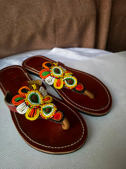 Marigold Floral Beaded Leather Sandals — EU 39