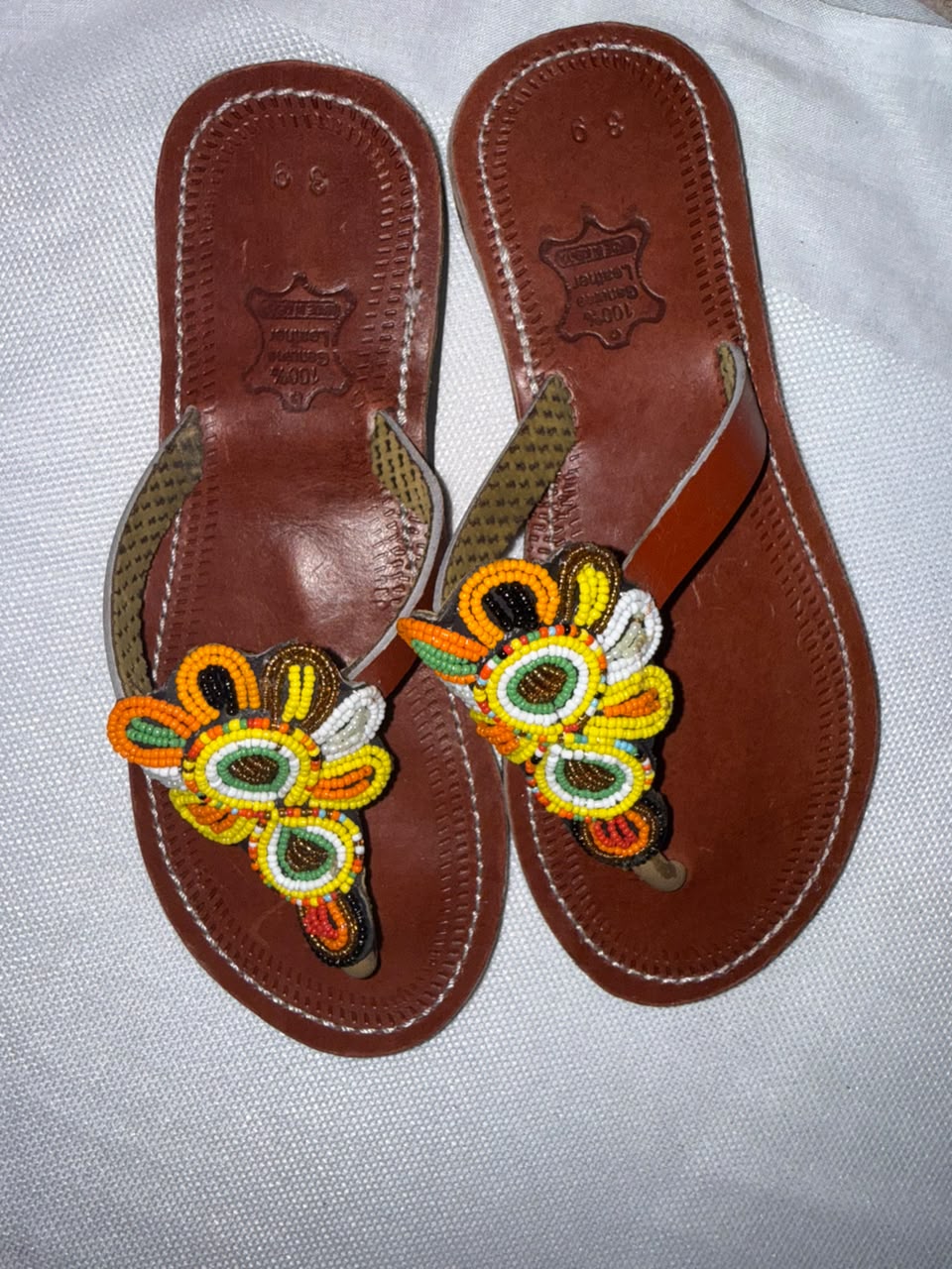 Marigold Floral Beaded Leather Sandals — EU 39