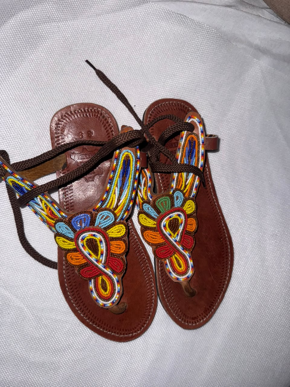 Sherehe Ankle-Tie Beaded Leather Sandals — EU 39