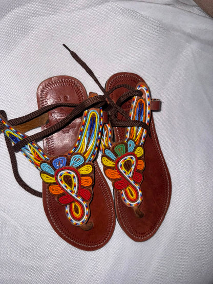 Sherehe Ankle-Tie Beaded Leather Sandals — EU 39