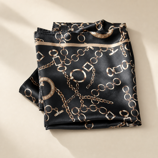Black silk scarf with gold chain print on warm ivory background