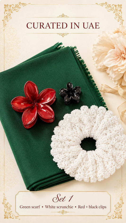 Curated in UAE Set 1 — green scarf, white scrunchie, red and black flower clips