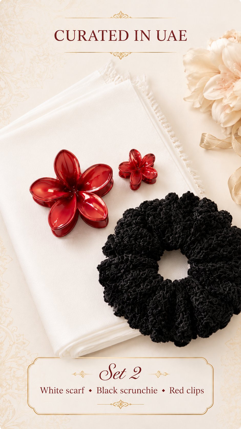 Set 2 styled alternate — white scarf, black scrunchie, red clips