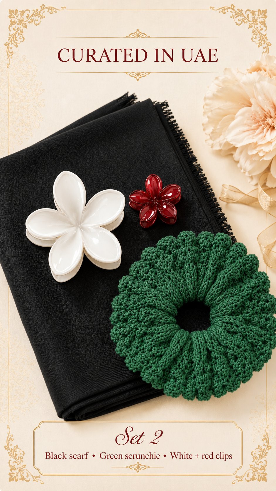 Curated in UAE Set 2 — black scarf, green scrunchie, white and red flower clips