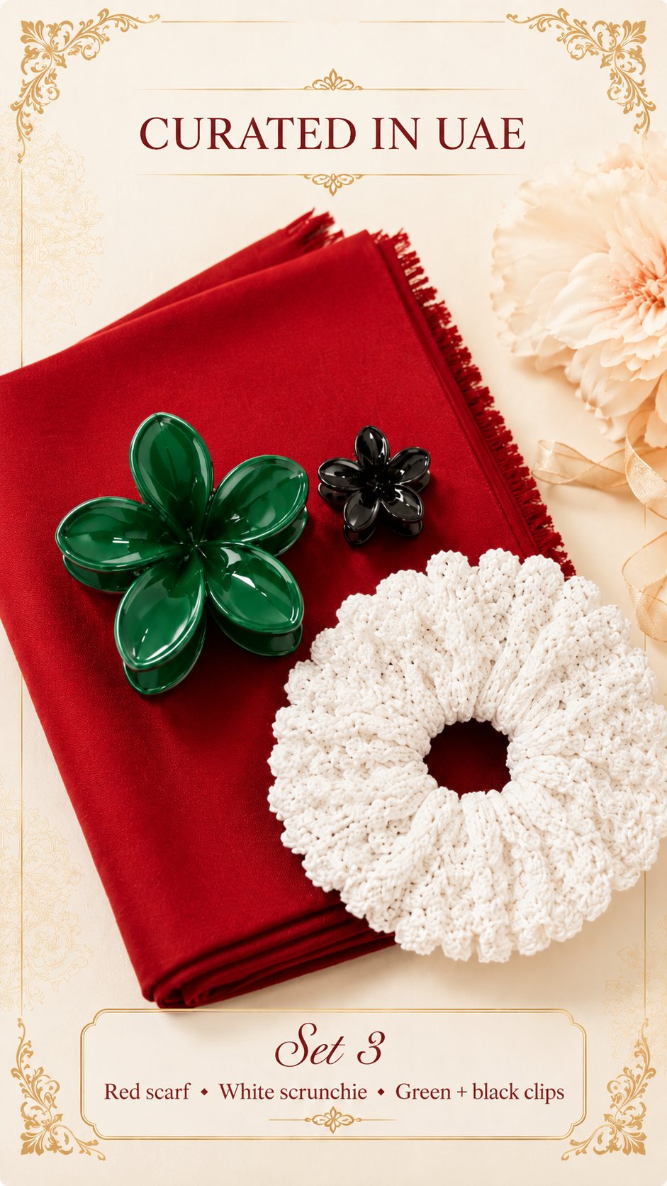 Set 3 styled alternate — red scarf, white scrunchie, green and black clips