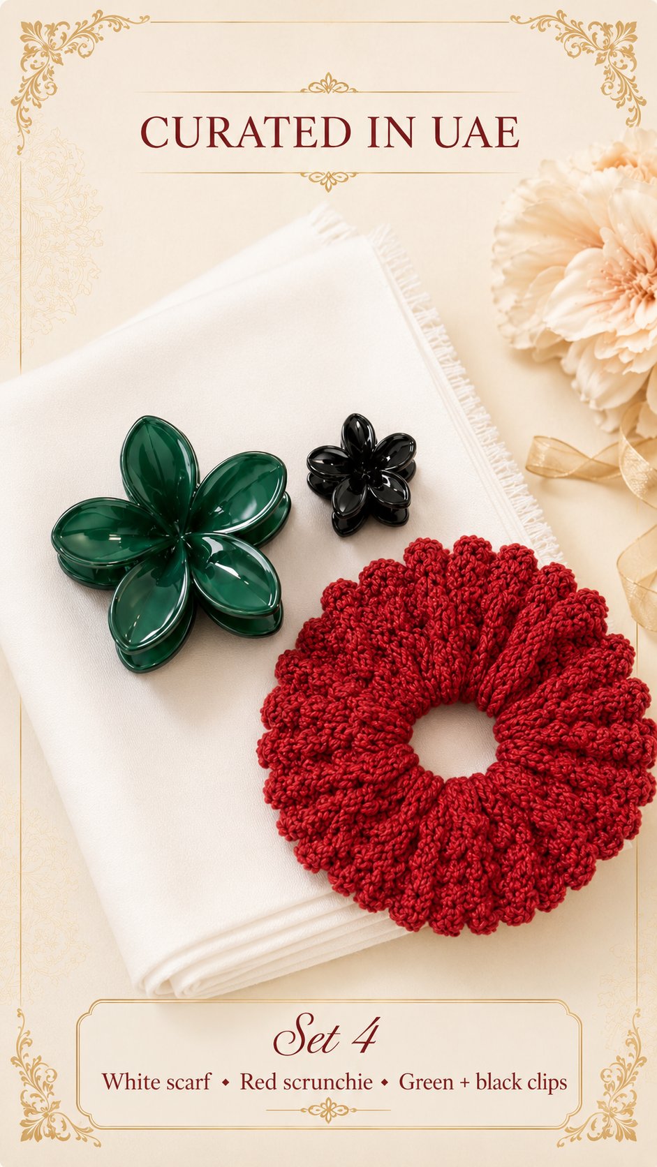 Set 4 styled alternate — white scarf, red scrunchie, green and black clips