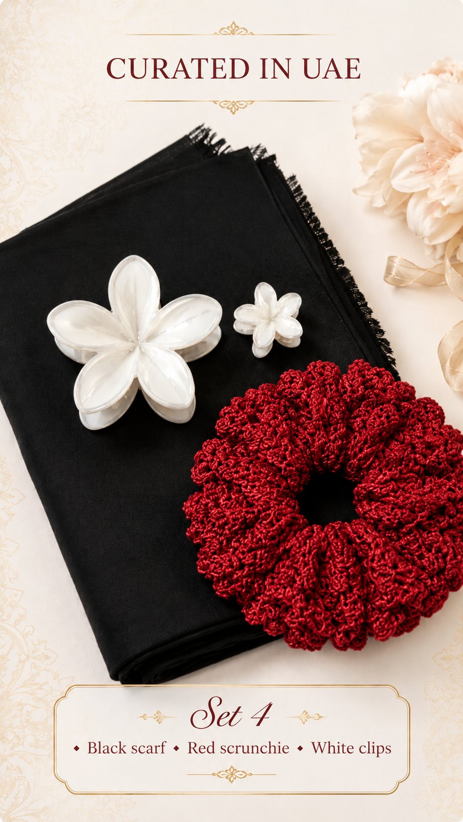 Curated in UAE Set 4 — black scarf, red scrunchie, white flower clips