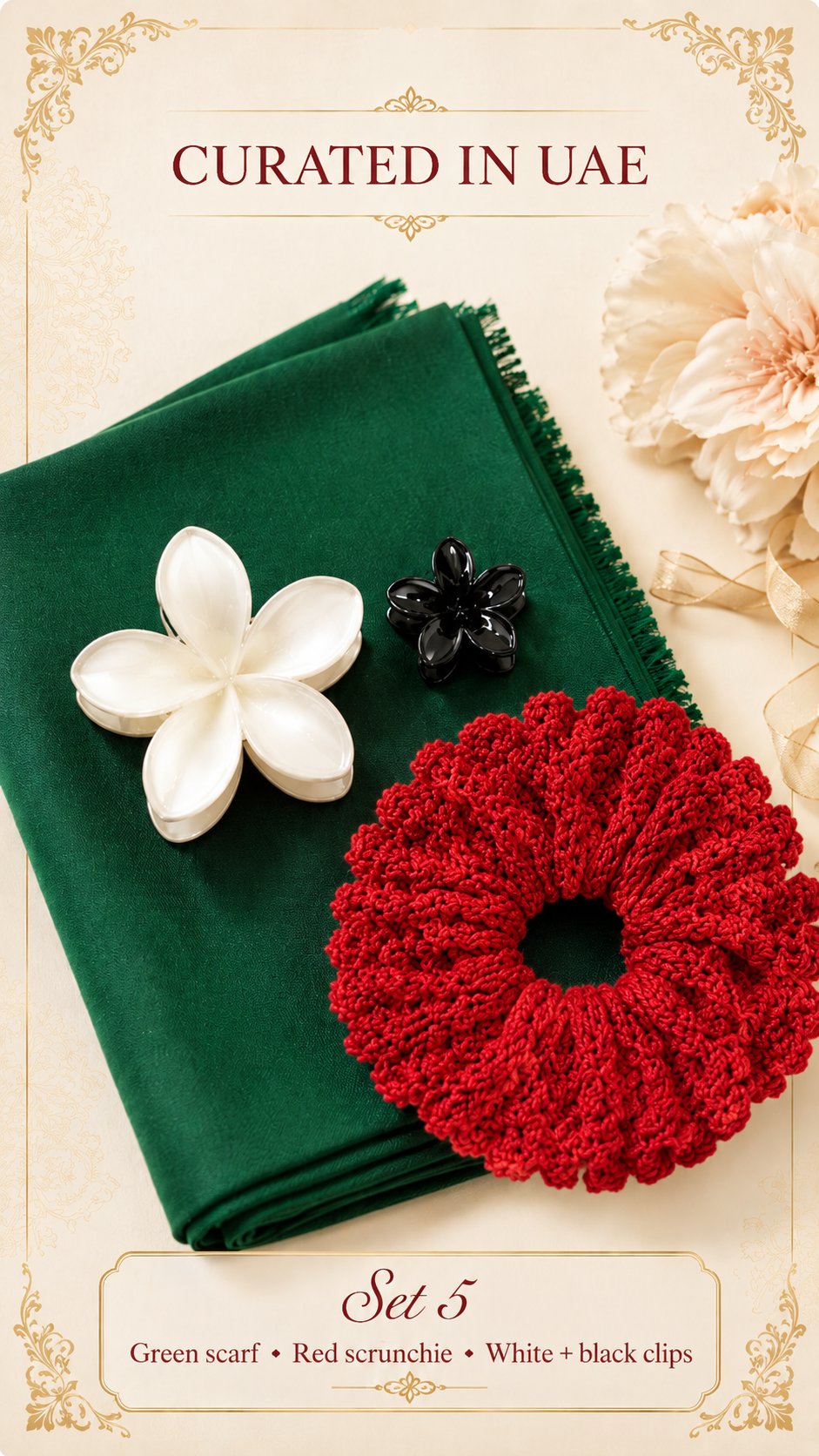 Curated in UAE Set 5 — green scarf, red scrunchie, white and black flower clips