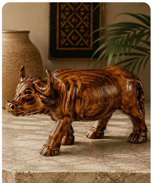 Hand-carved wooden buffalo sculpture styled on a warm stone console