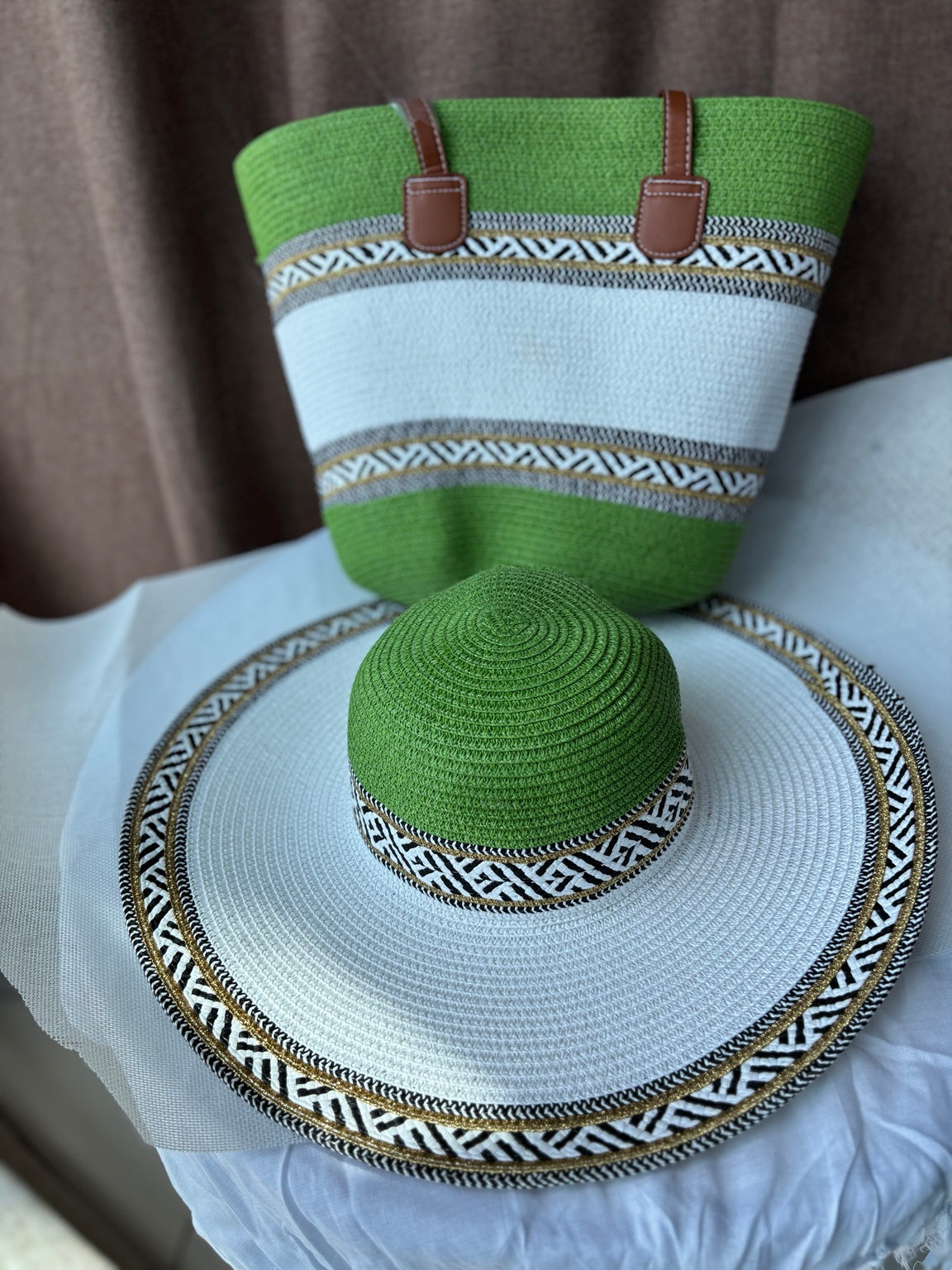 SAHARA woven hat and tote set in green and cream