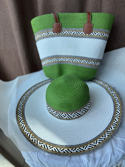 SAHARA woven hat and tote set in green and cream