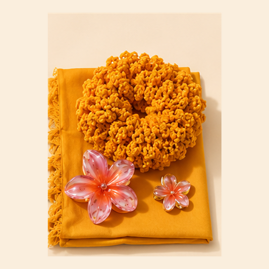 Savannah Gold mustard scarf, crochet scrunchie and floral hair clips