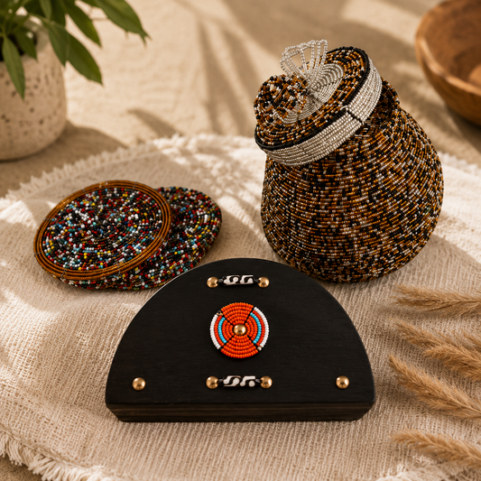 The Savannah Table Set with beaded jar, coasters and wooden napkin holder