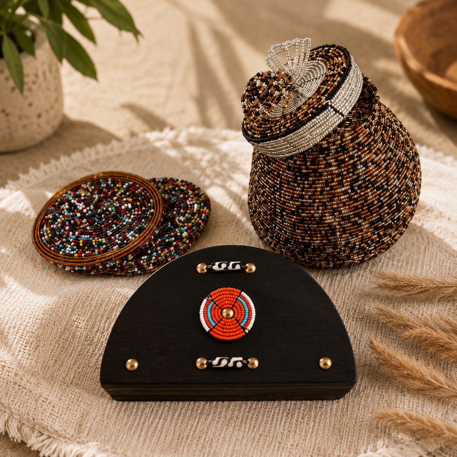 The Savannah Table Set with beaded jar, coasters and wooden napkin holder
