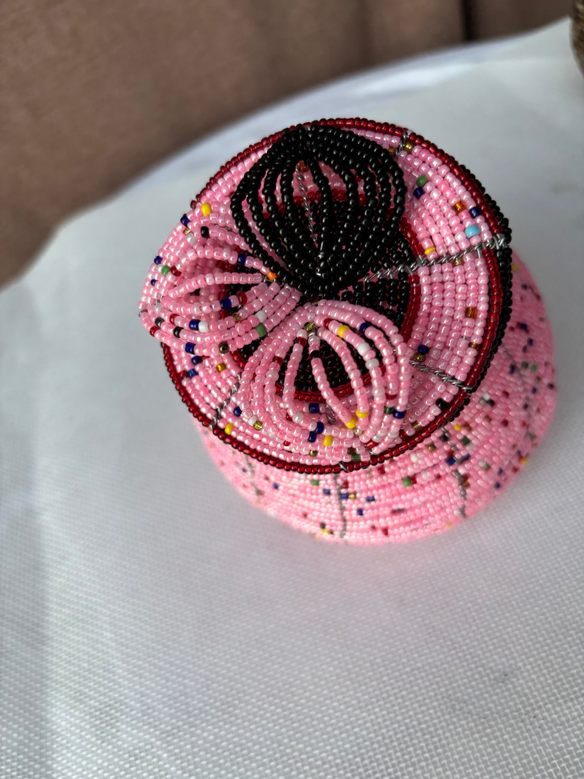 The Savannah Treasure Pot in Blush Pink, top view of the handcrafted beaded lid