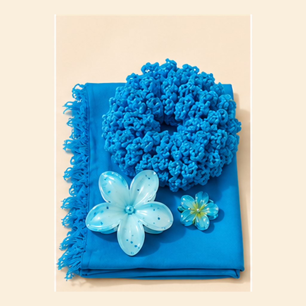 Sky Bloom light-blue scarf, crochet scrunchie and floral hair clips