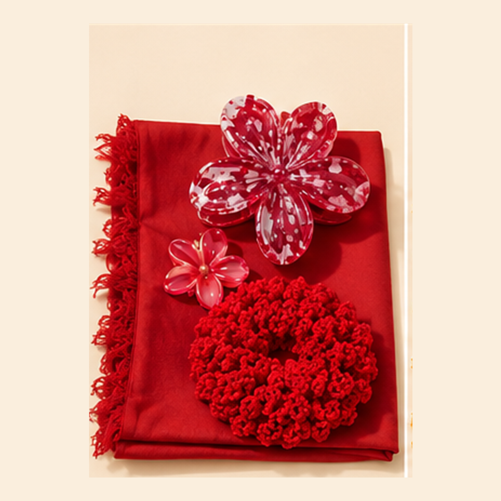 Sunset Bloom red scarf, crochet scrunchie and floral hair clips